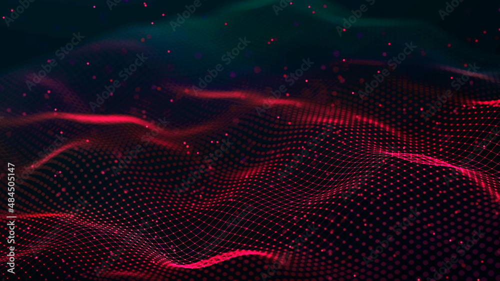 Aufkleber Futuristic dots pattern on dark background. Colored music wave. Big data. Technology or Science Banner. 3D rendering