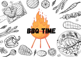Fotobehang Bbq grill food sketch. Menu design template. Grilled meat and vegetables frame. Vector illustration. Engraved design. Hand drawn illustration. © DiViArts