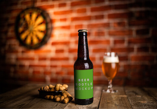 Fresh Lifestyle Beer Bottle on Wooden Table in a Bar Restaurant Pub with a Glass of Beer in Dim Atmosphere Background