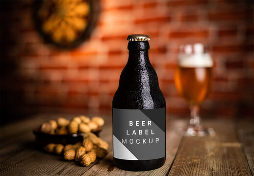 Fresh Lifestyle Beer Bottle on Wooden Table in a Bar Restaurant Pub with a Glass of Beer in Dim Atmosphere Background