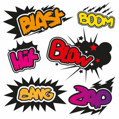 Set comic book explosion, boom stickers set, vector illustration