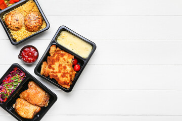 Food containers with different meals on white wooden background