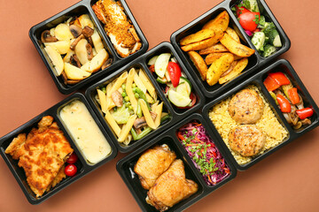 Lunch boxes with delicious meals on color background