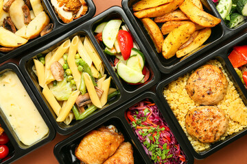 Lunch boxes with delicious meals on color background, closeup