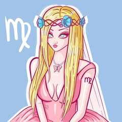 Anime cartoon of a blonde girl with blue eyes and a butterfly necklace. Conceptual art of the virgo sign with flowers on her hair and a pink wedding dress with veil. Astrological and zodiac vector.