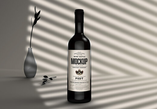 Wine Bottle Mockup in a White Background with Window Blind Shadows