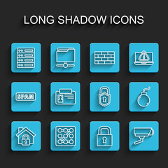 Set line House under protection, Graphic password, Server, Data, Web Hosting, Lock, Security camera, Identification badge, Bomb ready to explode and icon. Vector