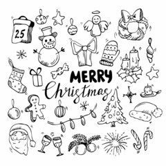 Fototapeta premium Big set of Christmas design element in doodle style. Vector illustration