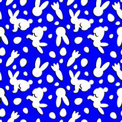 Seamless pattern with white bunnies and easter eggs. Bunnu pattern. Vector illustration