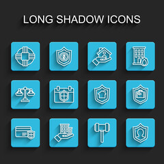 Set line Credit card with shield, House insurance, Lifebuoy, Judge gavel, Calendar, Travel suitcase and icon. Vector