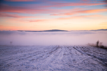 moody winter landscape with fog at sunset