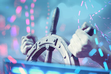 Steering hand wheel ship on sky background, hand hold hand wheel © alzay