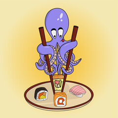 Octopus with chopsticks and sushi