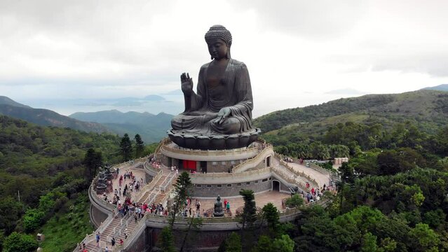 Aerial view of Tian Tan Buddha statue in Lantau Island, Hong Kong, China.