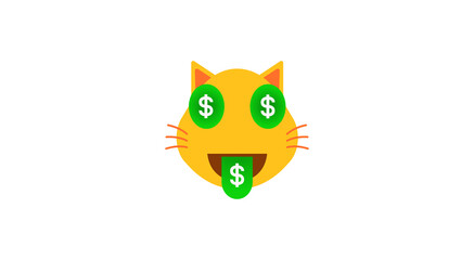 emoji in a money shower, cat swimming in money with dollar signs in his eyes, funny cartoon character with simplistic facial expression, simple hand drawn emoticon
