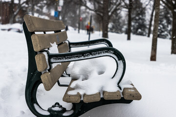 Toronto Park Bench under the Snow - 484506794