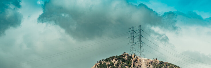 BANNER Real nature beauty landscape background. Rocky mountain, bright stormy cloudy Blue sky...
