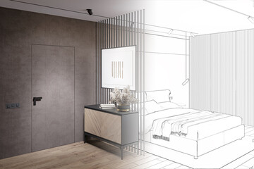 A sketch becomes a real dark modern bedroom with an illuminated horizontal poster on the partition near a door, a vase of flowers on a wooden chest of drawers, a bed, a dark wood wardrobe. 3d render