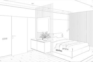 Sketch of a modern bedroom with a horizontal poster on the partition near a door, a vase of flowers on a chest of drawers, a bed with sheets, a wardrobe, a carpet on the tiled floor. 3d render