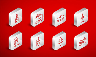 Set line Bicycle, French baguette bread, beret, Street light, Fleur De Lys, Bottles of wine, press and rooster icon. Vector
