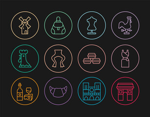 Set line Triumphal Arch, Woman dress, Mannequin, Frog legs, French rooster, Windmill, Macaron cookie and Handbag icon. Vector