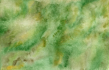 Bright expressive grass green and brown gradient wet watercolor texture background, wash technique. Modern nature creative illustration for decoration, abstract forest concept