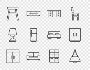 Set line Wardrobe, Chandelier, Office desk, Sofa, Chair, Refrigerator, and icon. Vector