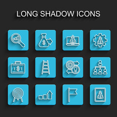 Set line Target, Financial growth, Magnifying glass and analysis, Location marker, Startup project concept, Stair with finish flag, Hierarchy organogram chart and Human resources icon. Vector