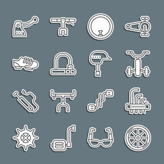 Set line Bicycle wheel, Tool allen keys, for kids, lock, shoes, brake and helmet icon. Vector