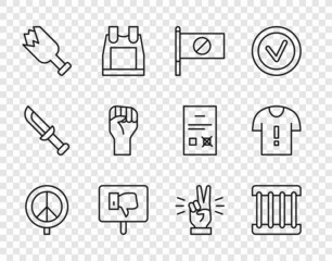 Set line Peace, Prison window, Protest, Broken bottle as weapon, Raised hand with clenched fist, Hand showing two finger and T-shirt protest icon. Vector