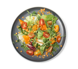 Plate of delicious salad with lentils and vegetables isolated on white, top view