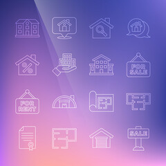 Set line Hanging sign with Sale, House plan, For, Search house, Skyscraper, percant discount, and icon. Vector