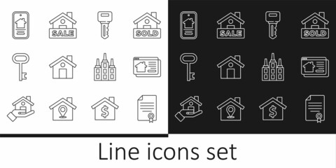 Set line House contract, Online real estate house, key, Skyscraper and Hanging sign with Sale icon. Vector