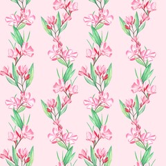 Seamless pattern with watercolor oleander flowers  and leaves