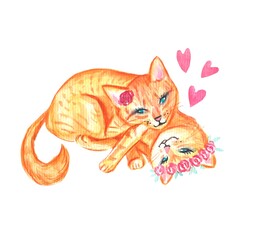 Watercolor cute illustration. Love of two cats.
