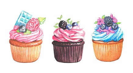A set of hand-drawn watercolor cupcakes