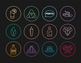 Set line Maracas, Poncho, Fiesta, Hot chili pepper pod, Corn, Tequila glass with lemon, bottle and Nachos icon. Vector