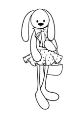 Contour drawing of a rabbit in a skirt on a white background. Doodle style.