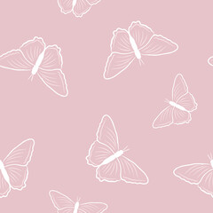 Seamless butterfly pattern in the style of doodles on a pink background. Vector illustration of butterflies for your design.