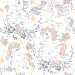 Cute unicorns with flowers vector seamless pattern white