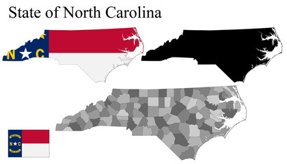 Set of maps of North Carolina (USA). Flag on the map. Silhouette of the card.