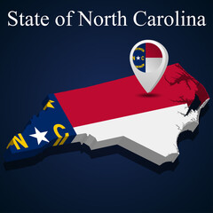 Flag of State of North Carolina of USA on map on dark background
