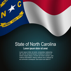 Flag of State of North Carolina (USA) flying on dark background with text.