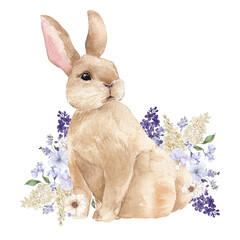 Watercolor illustration, spring composition with cute bunny and flowers of lilac, leaves, isolated on white background