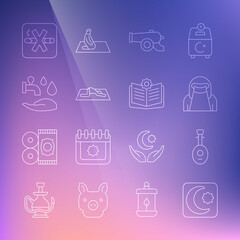 Set line Star and crescent, Lute, Muslim woman in niqab, Ramadan cannon, prays, Wudhu, No Smoking and Holy book of Koran icon. Vector