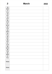 Corporate and business calendar. Planner for March 2022. Schedule for mont