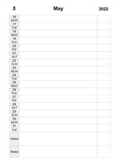 Calendar planner for may 2022. Schedule for month. work organizer