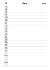 business calendar. Planner for june 2022. work organizer. monthly planner