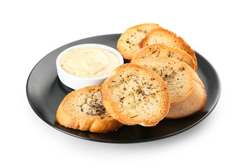 Plate with fresh croutons and sauce isolated on white background