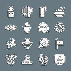Set line Mexican sombrero, Mexico flag, Poncho, Tequila glass with lemon, man, Wrestling championship belt, bottle and Hola icon. Vector